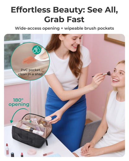 BAGSMART Travel Makeup Bag for Women, Portable Water-resistant Cosmetic Case, Puffy Padded Make Up Organizer Pouch, Open Flat Toiletry Bag for Toiletries, Brushes, Brown