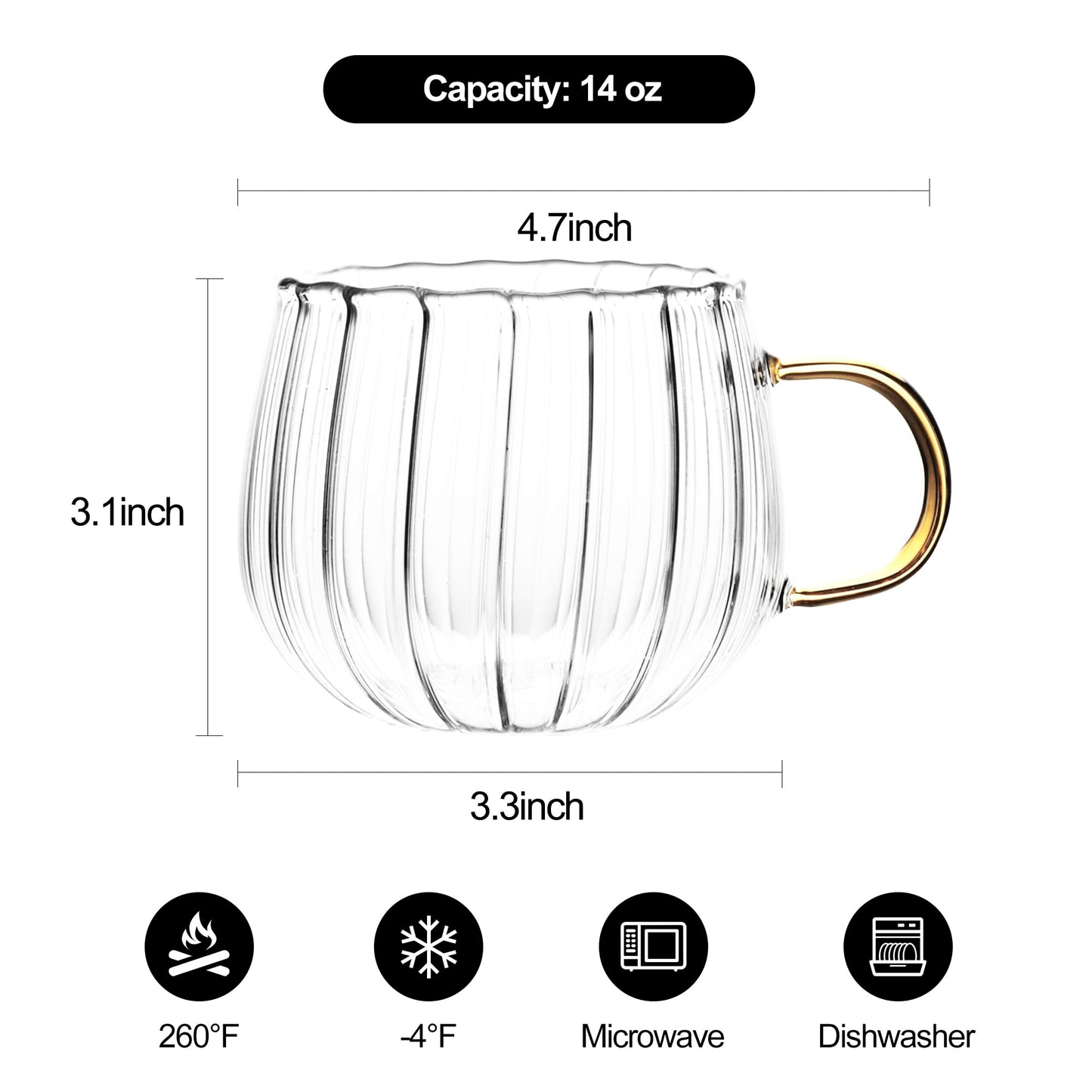 LUATSDAR Halloween Pumpkin Mugs 12 oz Glass Coffee Mugs Set of 4, Drinking Glasses with Yellow Handle, Clear Glass Cups for Hot or Cold Drinks like Cappuccino, Latte, Cocoa, Milk, Tea