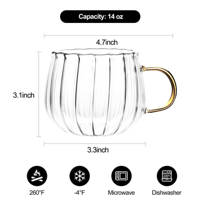 LUATSDAR Halloween Pumpkin Mugs 12 oz Glass Coffee Mugs Set of 4, Drinking Glasses with Yellow Handle, Clear Glass Cups for Hot or Cold Drinks like Cappuccino, Latte, Cocoa, Milk, Tea