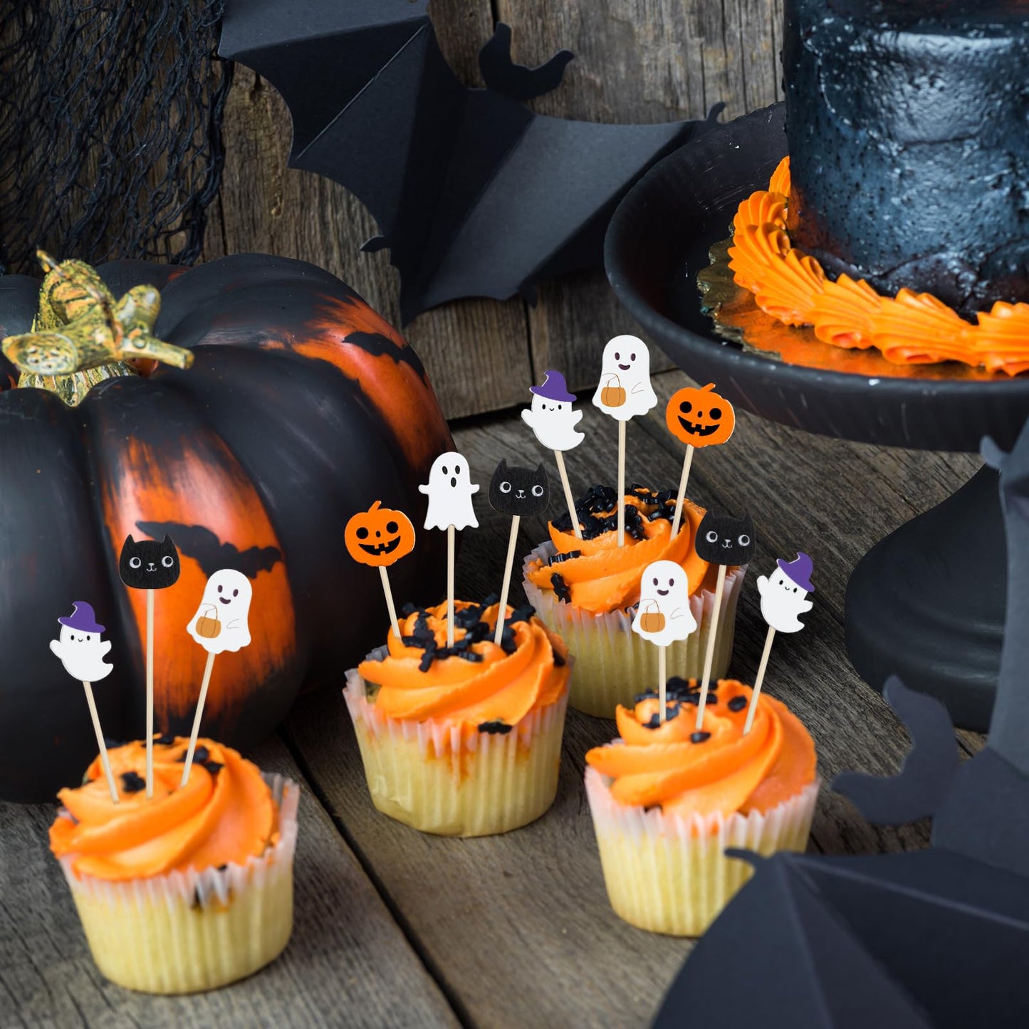 Chengu 200 Pcs Halloween Cocktail Picks for Appetizers, 4.7 Inch Bamboo Toothpicks Pumpkin Cat Ghost Halloween Party Decorations for Food, Cocktail, Desserts, Fruit, Cake, Salad