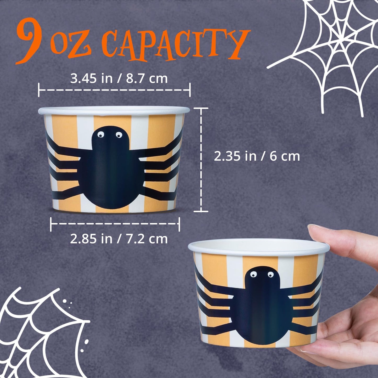 Confettiville Paper Ice Cream Cups, 50-Count 9-Oz Disposable Dessert Bowls for Hot or Cold Food, 9-Ounce Halloween Party Supplies Treat Cups, Spider