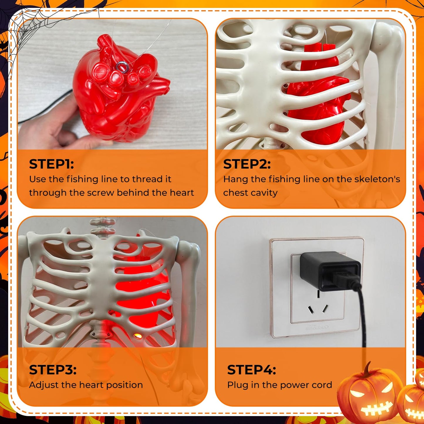 Light Up Valentines Skeleton Heart Decorations, Realistic Beating Heart Lighs, Glow in The Dark Skeleton Lights Plug in with 16.4FT Power Cord for Home Party Decor