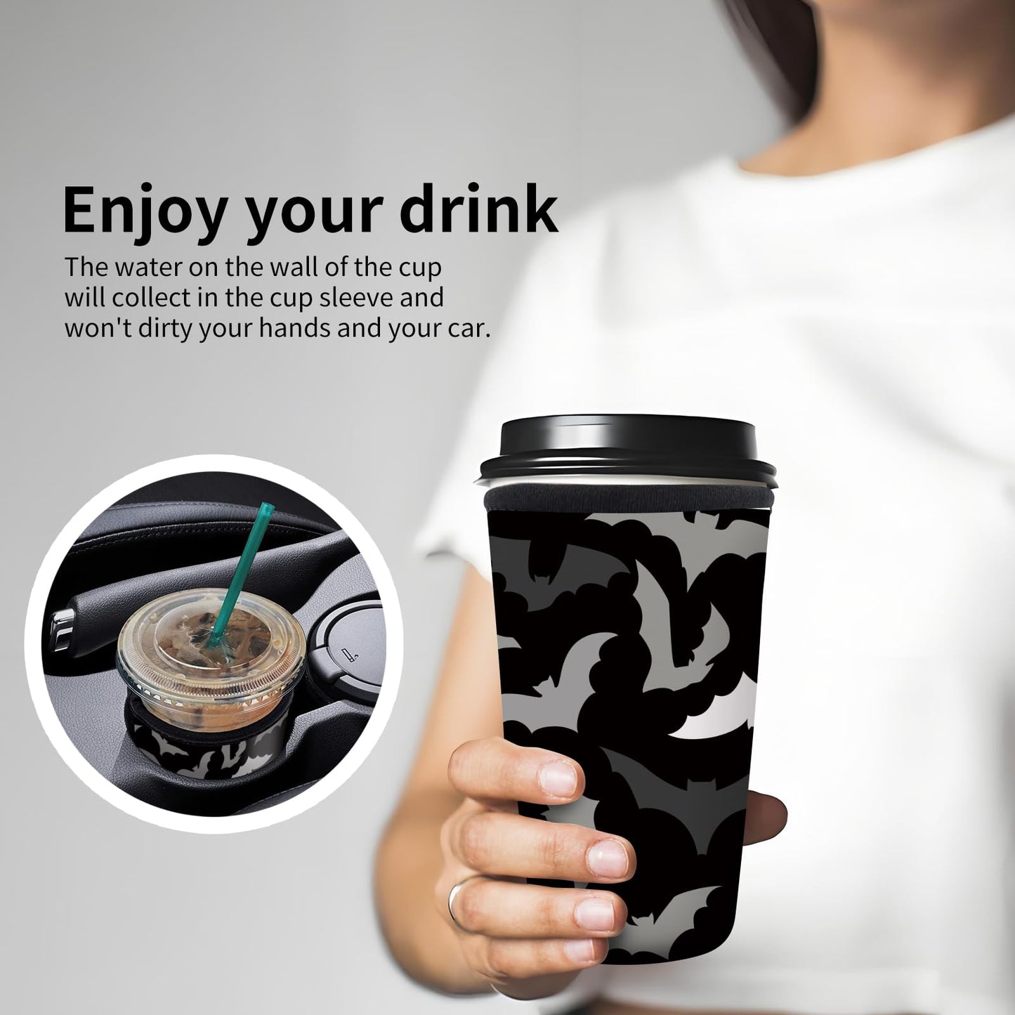 DAORJWL 3 Pack Reusable Insulated Neoprene Sleeve for Iced & Hot Drinks, Cute Durable Iced Coffee Cup Sleeve, Beverage Holder for Iced Coffee Cute Blck Bats