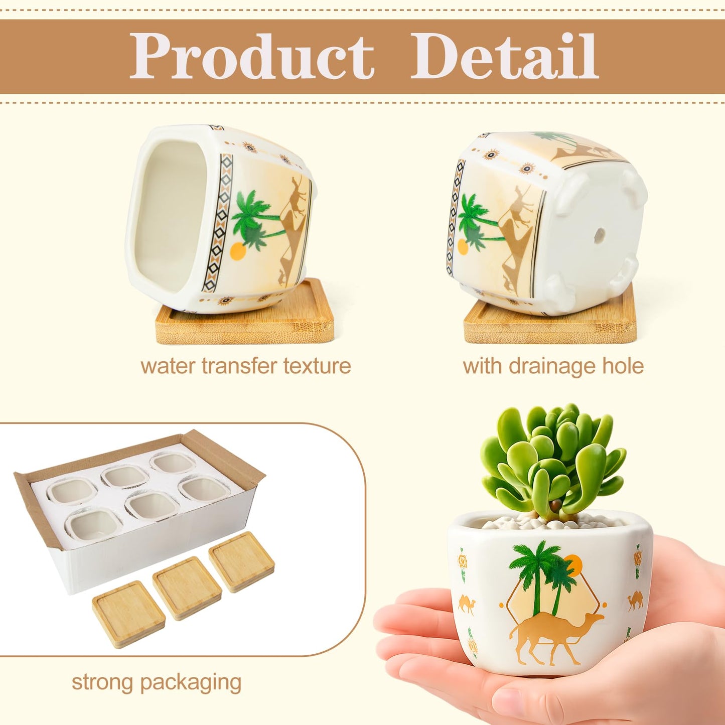 Succulent Pots with Drainage, 3.2" Small Plant Pots with Bamboo Trays, Ceramic Pots for Indoor Plants, Cactus Pots, Mini Succulent Planters for Home Garden Decor, Set of 6