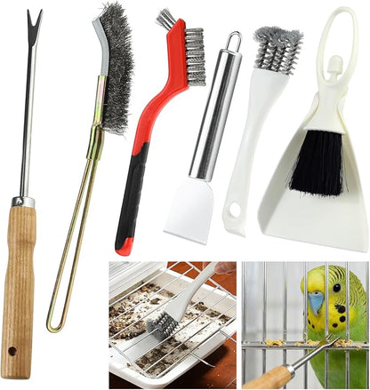 6PCS Bird Cage Cleaning Brush Kit Stainless Bird Cage Cleaner Tools Set Accessories for Small Medium,Large,Tall,Stainless Steel,Parakeet,Budgie,African Grey Parrot,Cockatoo Birds Cages Accessories