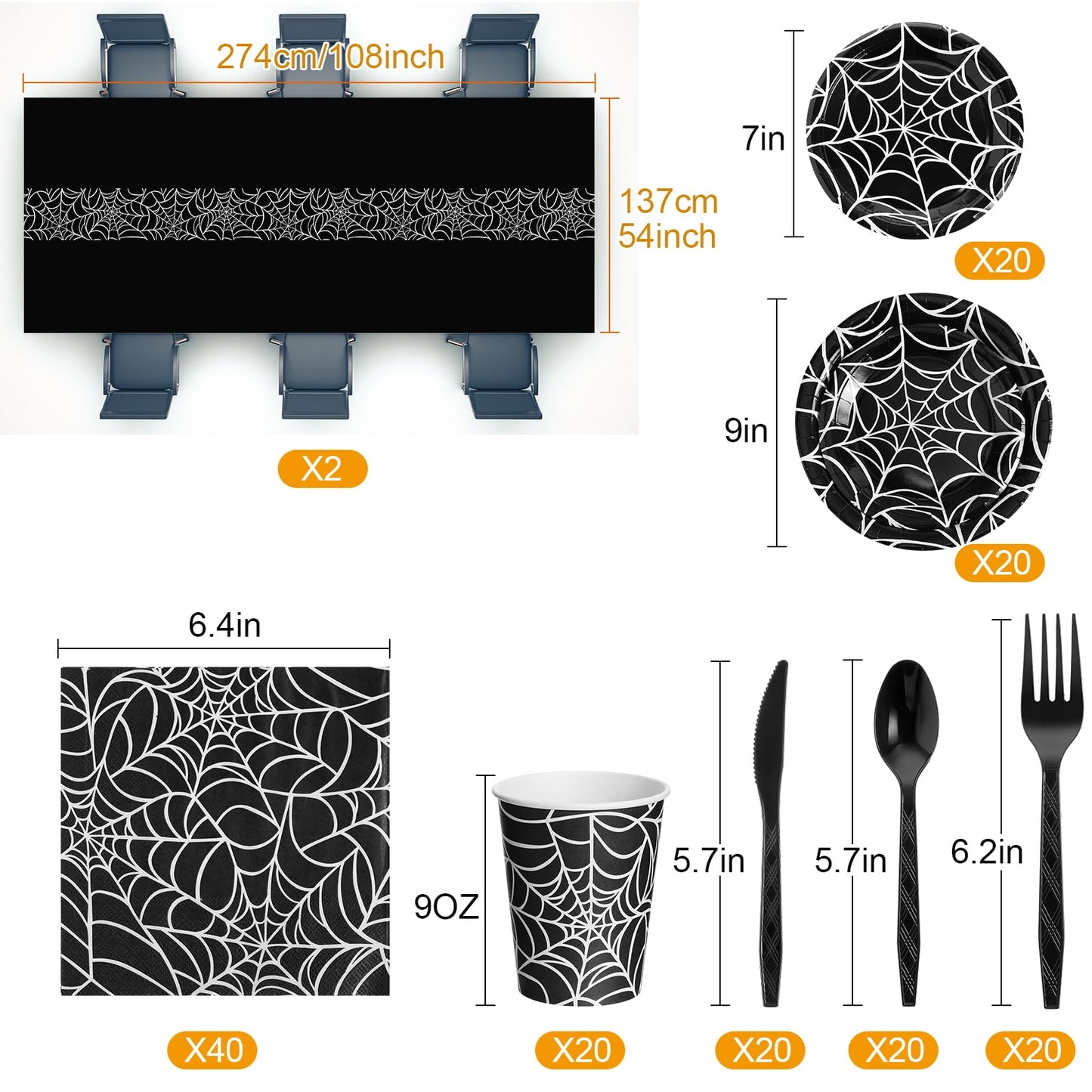 Oudain 162 Pcs Spiderweb Birthday Party Decoration Black White Spider Web Rectangular Tablecloth Disposable Plates Napkins Cups Forks Spoons Knifes Tableware Set for Theme Party Supplies