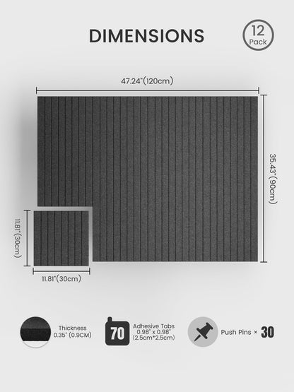 Bumusty Large Cork Board Alternative-48 x 36" Felt Bulletin Board Tiles, with 30 Pushpins, 70 Adhesive Tabs, Fine-Stripe 12-Pack, Cork Boards for Office Push Pin Board Felt Board-Charcoal Gray