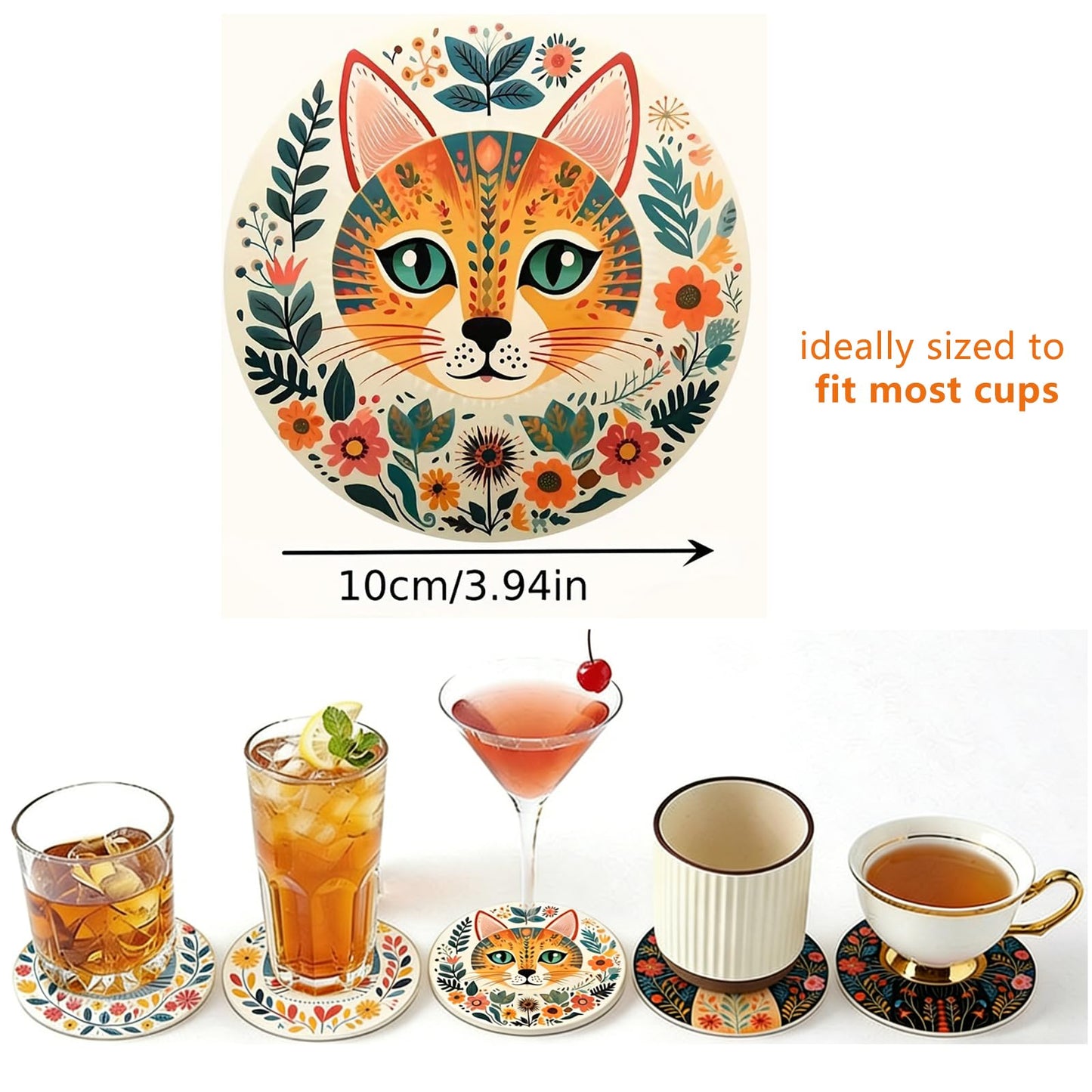 Coasters Set of 6, Cute Drink Coasters for Cat Lovers, Thick Heat-Resistant Wood Coasters for Coffee, Office, Bar & Tabletop Protection, Funny Home Decor |NAJIKA
