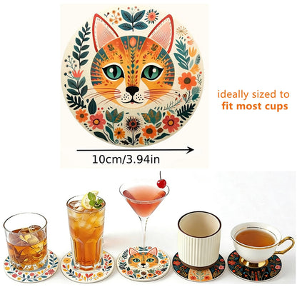 Coasters Set of 6, Cute Drink Coasters for Cat Lovers, Thick Heat-Resistant Wood Coasters for Coffee, Office, Bar & Tabletop Protection, Funny Home Decor |NAJIKA