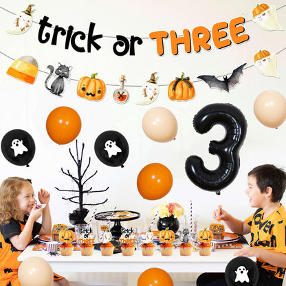 Halloween 3rd Birthday Decoraions Trick or THREE Banner Garland Halloween 3rd Birthday Cake Topper Cupcake Toppers Balloons for Girls Boys Third Bday Party Supplies
