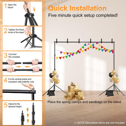 GLOSHOOTING Backdrop Stand, Photo Video Studio 10 x 10FT Adjustable Backdrop Stand, Background Support System Kit with 2 Crossbars, 6 Clamps, 2 Sandbags and Carry Bag for Photography Parties Wedding