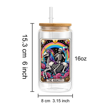 KERAOO 16oz The Audacity Coffee Cup with Lid Straw, Halloween Skull Aesthetic Glass Can, Sarcastic Skeleton Glass Cup, Gift Idea for Tarot Lovers Women Sister Friends (The Audacity)