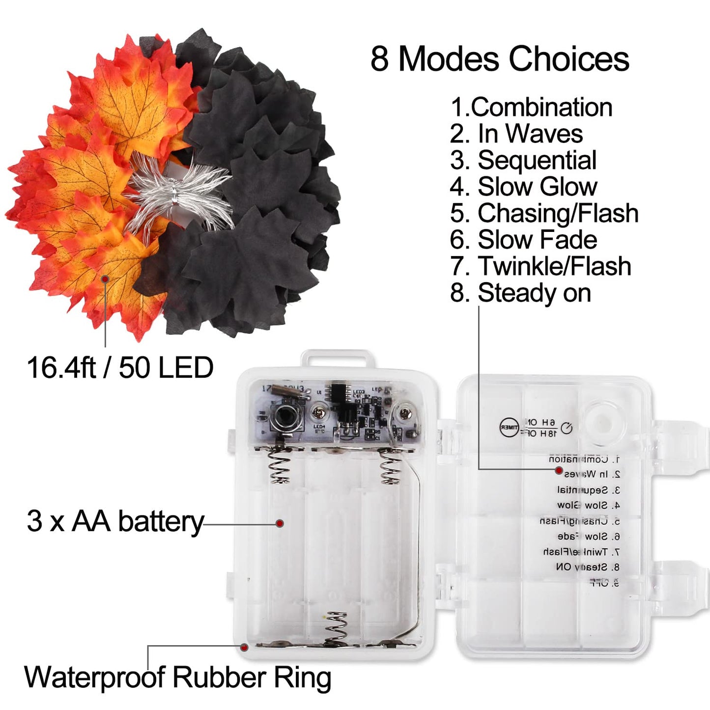 50 LED 16.4Ft Halloween Decorations Fall Garland String Lights with Timer, Lighted Black Maple Leaves Garlands Decor with Banner, Fall Lights for Home Party Indoor Mantle