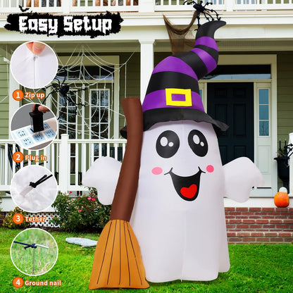 GOOSH 6.2 FT Halloween Inflatables Ghost Outdoor Decorations Blow Up Yard Cute Ghost Holding Broom with Built-in LEDs for Garden Lawn Indoor Party Decor