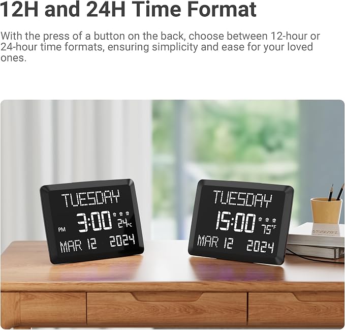 11.5” Extra Large Digital Wall Clock with Date and Day of Week , Electric Desk Clock for Seniors, Large Display Alarm Clock for Bedroom with Battery Backup, 5 Dimmer, 2 USB Ports, Indoor Temp, 12/24H