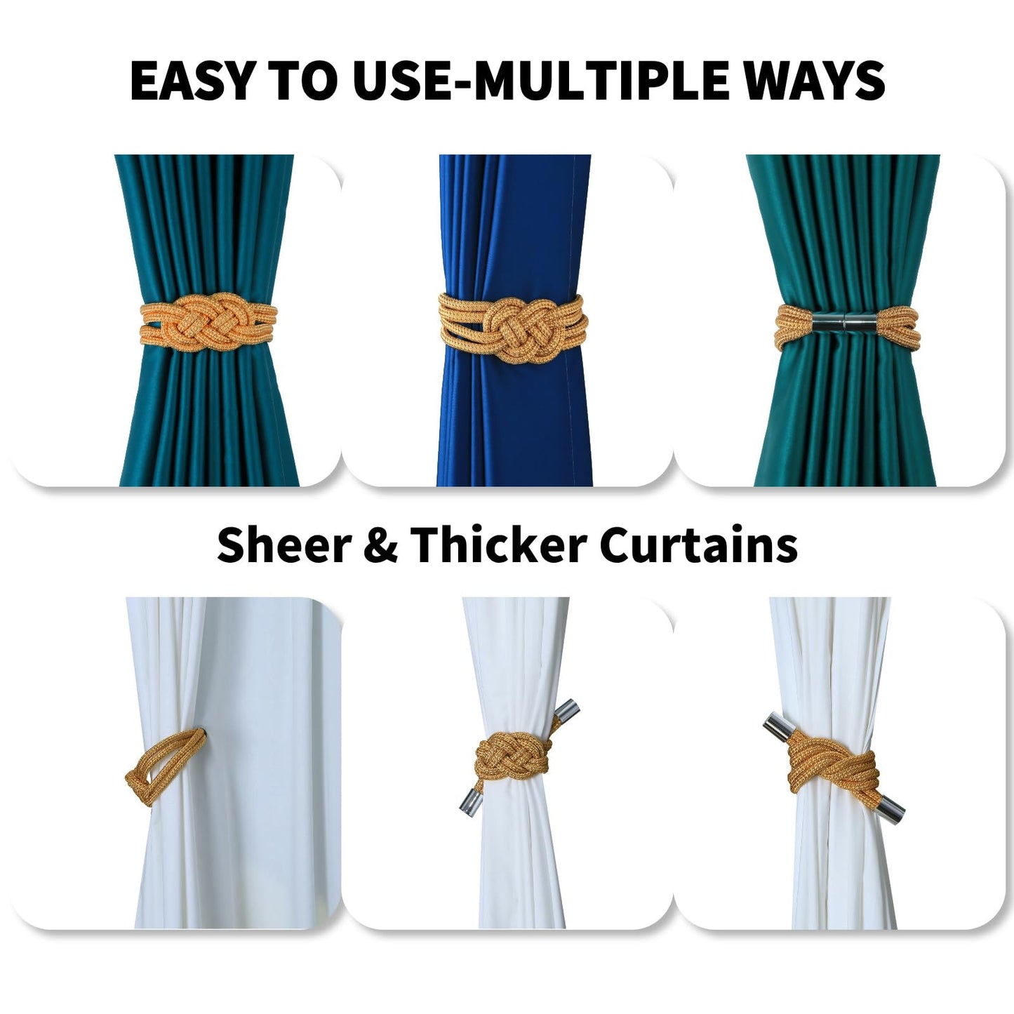 HedongHexi 2 Pack Magnetic Curtain Tiebacks, Hand Weave Rope Knot Decorative Curtain Holdbacks for Home & Office Thin Window Drapery (Golden,2P)