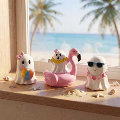 Amyhill 3 Pcs Summer Halloween Ghost Decor Set Ghost Figurines 2.8" Cute Tropical Beach Resin Statues with Flamingo Float Garland Sunglasses Mini Spooky Tiered Tray Decor for Home Office Shelf