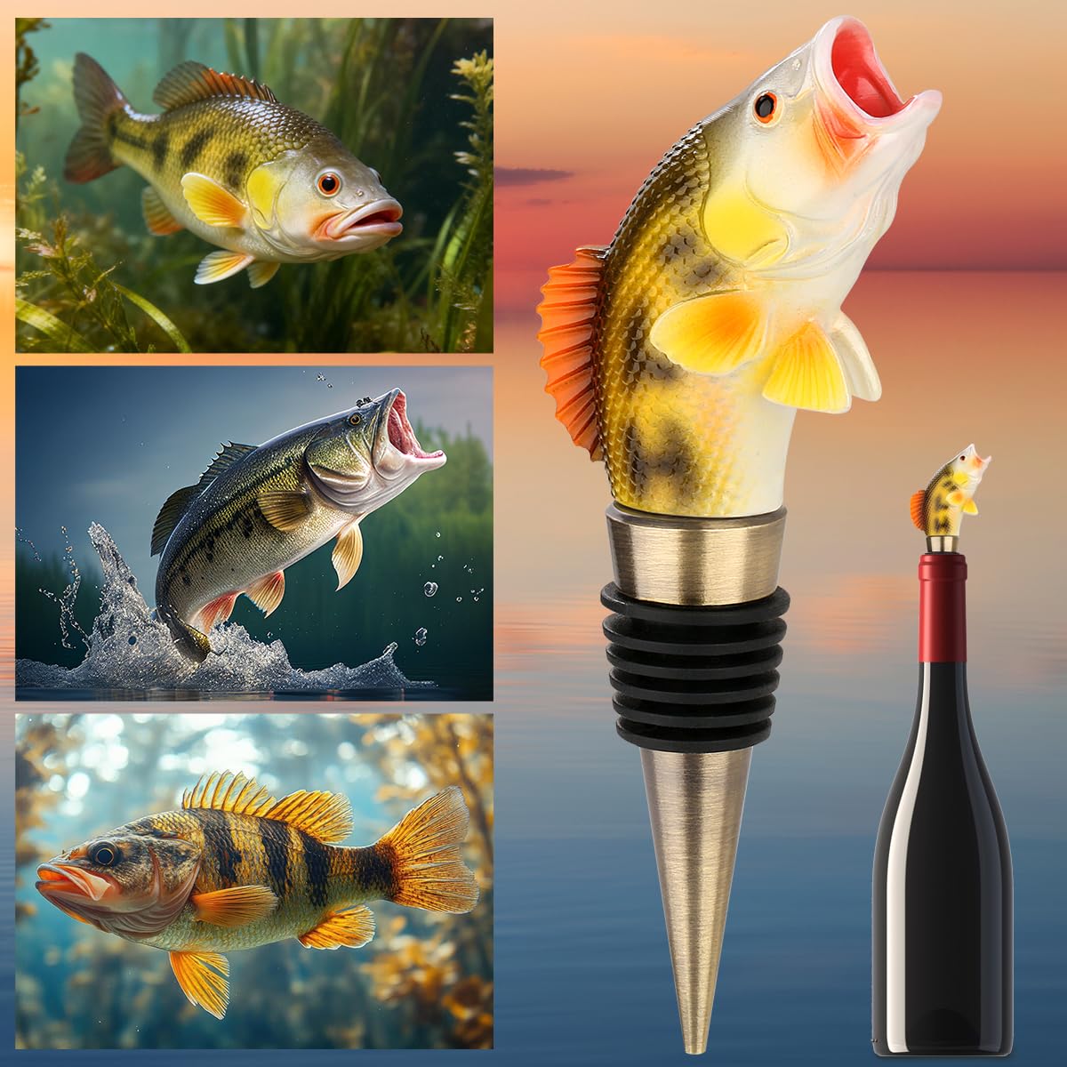 Resin Bass Head Wine Stopper, with Bronze Cone, 2-in-1 Bottle Stopper, Removable Wine Stoppers with Gift Bag, Beer Gift for Men, Beer Accessories for Birthday, Father's Day, Christmas
