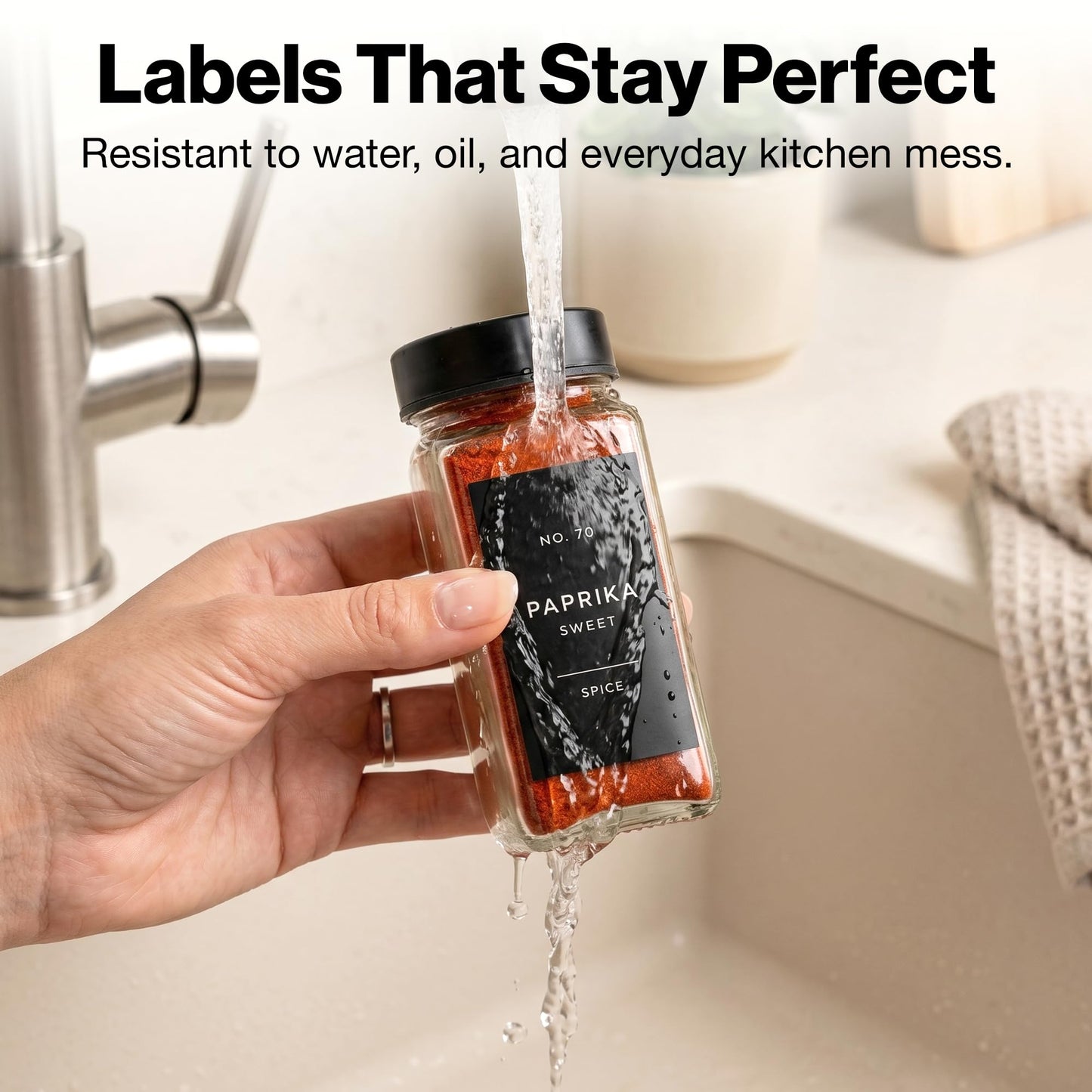 Minimalist Spice Jar Labels Self-Adhesive - 240 Stickers for Spice Jars, Spice Jars & Drawers, Round & Rectangular, Waterproof Spice Organiser Labels for Kitchen Organisation (Black)