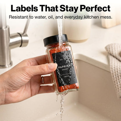 Minimalist Spice Jar Labels Self-Adhesive - 240 Stickers for Spice Jars, Spice Jars & Drawers, Round & Rectangular, Waterproof Spice Organiser Labels for Kitchen Organisation (Black)