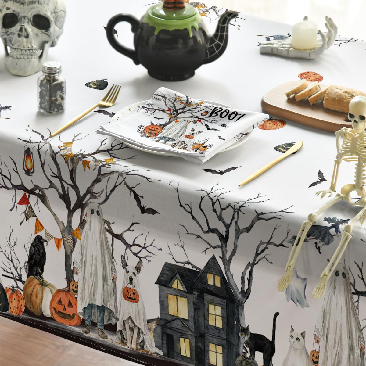 Horaldaily Halloween Tablecloth 70×70 Inch Round, Jack-O-Lantern Pumpkin Cobweb Ghost Dog Bats Washable Table Cover for Party Picnic Dinner Decor