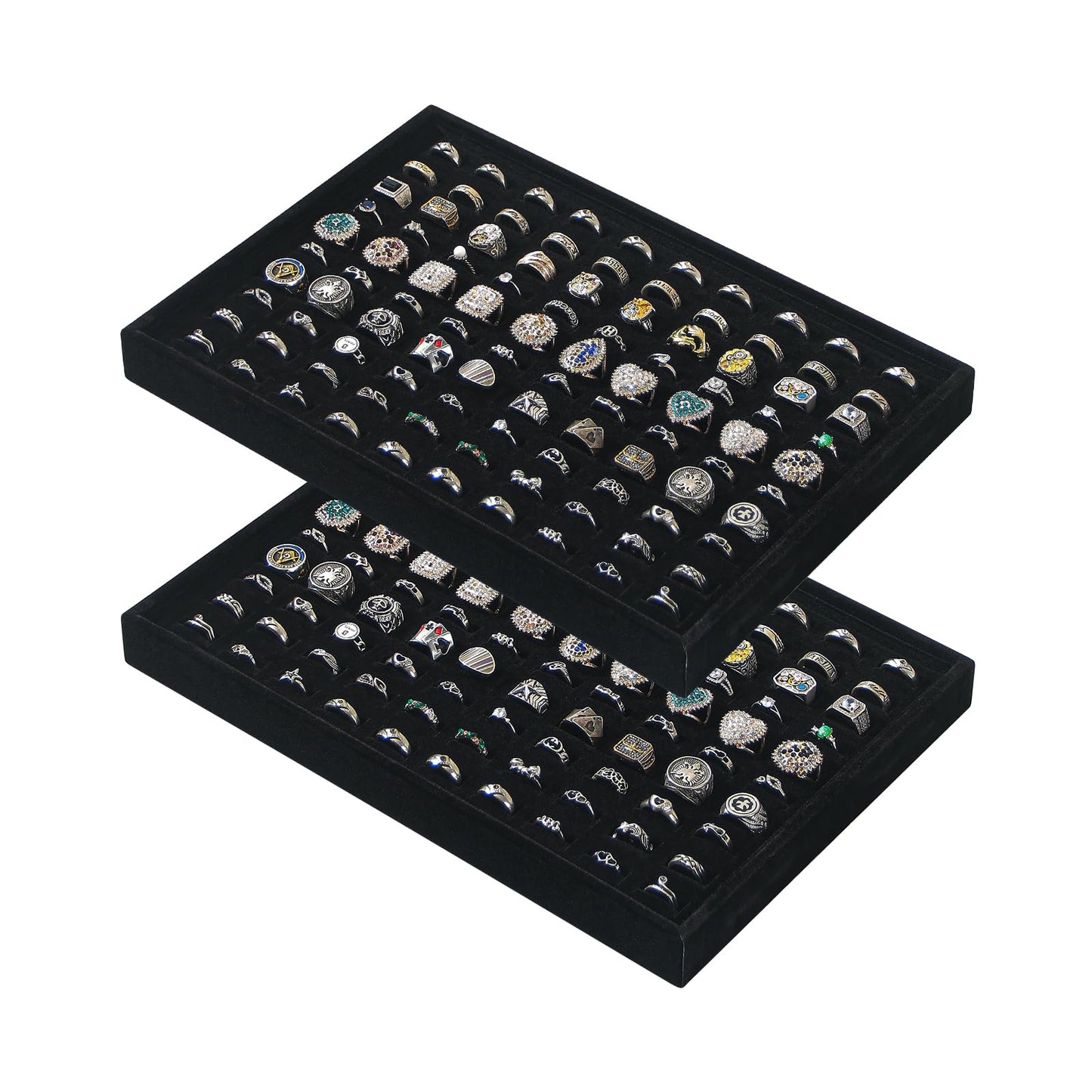 Byken 2 Pcs Ring Organizer Dish Tray,Stackable Jewelry Organizer Trays for Drawer,100 Slots Rings Jewelry Displays for Selling (Black)