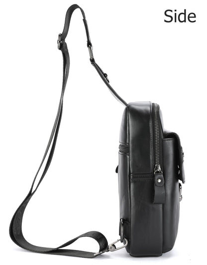 BULLCAPTAIN Men's Leather Samll Crossbody Backpack Sling Chest Bag for Hiking Travel (Black)
