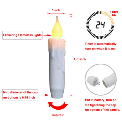 CVHOMEDECO. Flickering Taper Candles LED Drip Flameless Candles, Battery Operated with Timer, White, 4-3/4 Inch, Set of 3