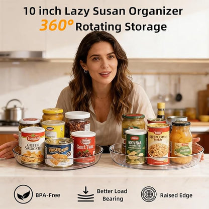 8 Pack Lazy Susan 10 inch Turntable for Spice Organization | Clear BPA-Free Plastic Rotating Organizer for Kitchen Cabinet, Pantry, Countertop, Fridge | 360-Degree Rotating Base