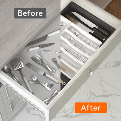 Lifewit Silverware Drawer Organizer, Expandable Utensil Tray for Kitchen, BPA Free Flatware and Cutlery Holder, Adjustable Plastic Storage for Spoons Forks Knives, 8.5"-14.1" x 12.1", Black