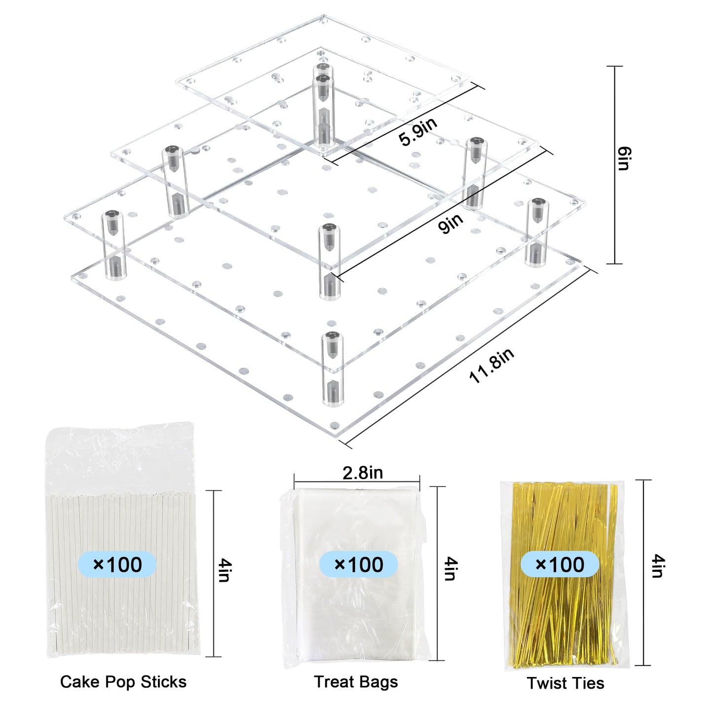 LoveDisplay Cake Pop Stand, 3 Tier Square Lollipop Holder with 300 Pcs Accessories, Clear Acrylic Cakepop Display Stand 56 Holes for Birthday, Wedding, Party, Halloween, Christmas Candy Decorative