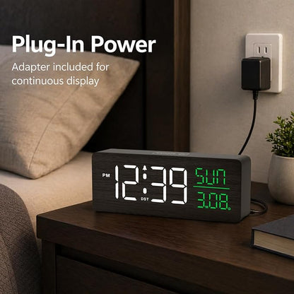 Peakeep Wooden Digital Alarm Clock Large Display, Textured Decoration for Bedroom, Living Room, Plug in Clock with Time Date Day, 5 Brightness, Auto DST
