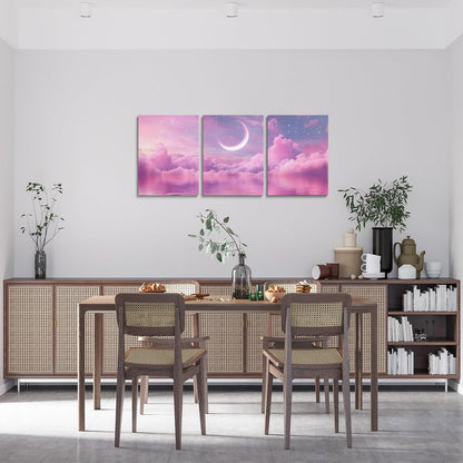 Feelyou Pink Purple Galaxy 3 Piece Canvas Wall Art for Living Room Bedroom Starry Moon Wall Art for Home Decor Dreamy Nebula Office Decor Artwork Outer Space Picture Painting Posters