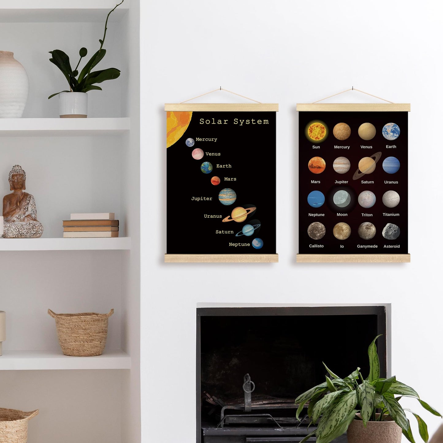 BCUANGD Space Wall Decor - Solar System Astronomy Poster Hanger with Wood Frames Set of 2, Kids Boys Educational Learning Wall Hanging Canvas Decor for Kids Room Home Playroom, 12x16 Inches