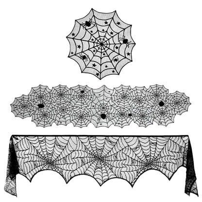 QINYIER 3Pcs Halloween Lace Tablecloths, Black Spiderweb Table Cloths (Rectangle and Round), Fabric Cover for Fireplace, Side Table, Lampshade, Halloween Party Decor