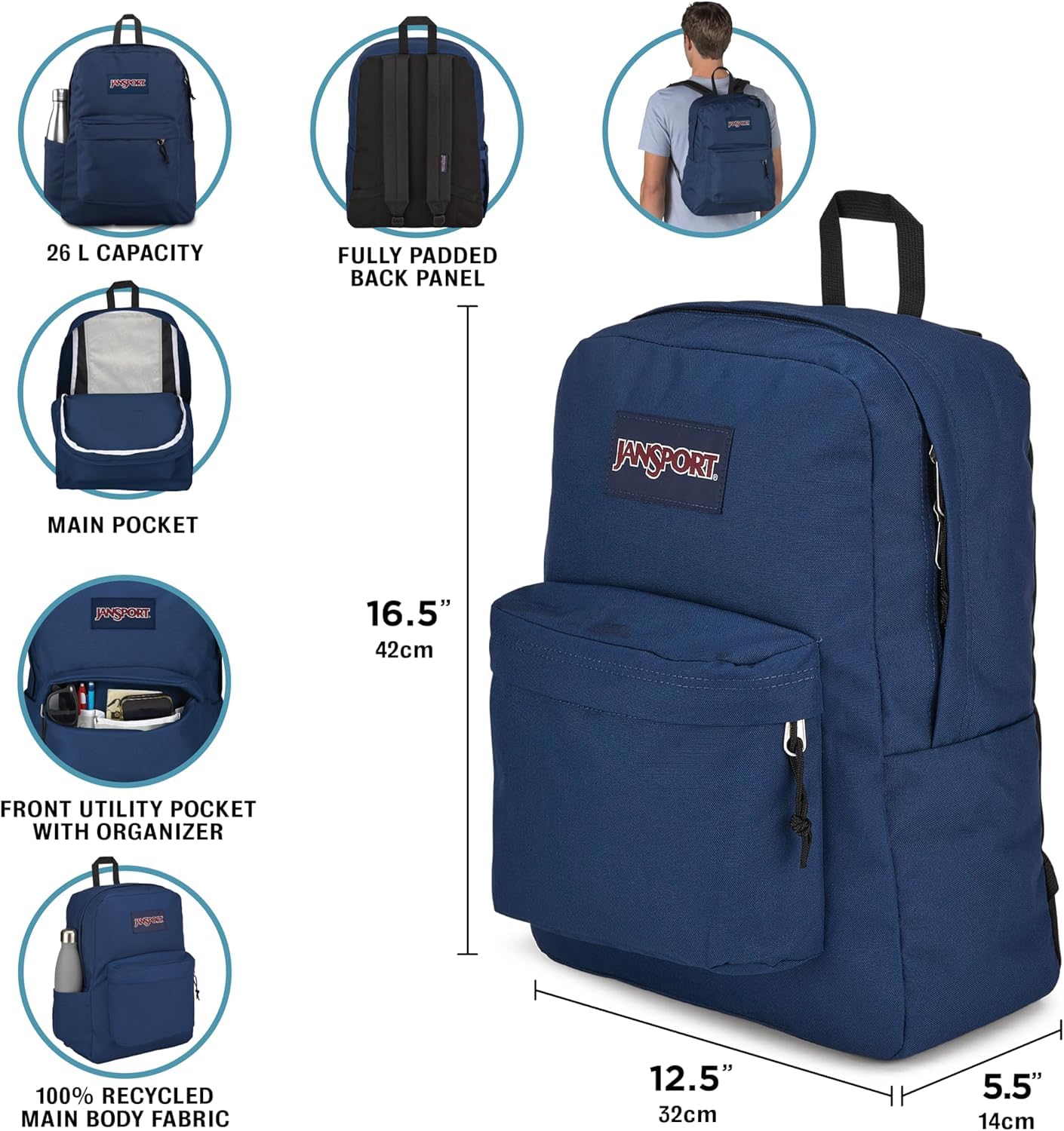 JanSport SuperBreak Plus Backpack with Padded 15-inch Laptop Sleeve and Integrated Bottle Pocket - Spacious and Durable Daypack for Work and Travel - Black