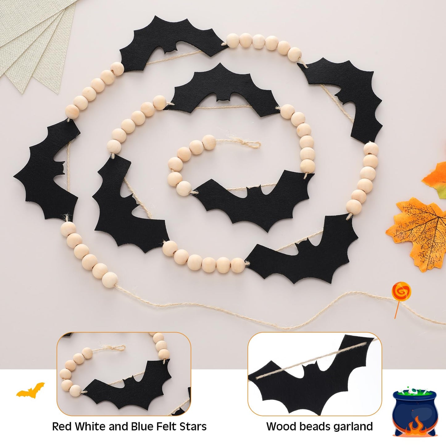 SmoothNovelty 2 Sets Halloween Decoration Wooden Felt Bat Bead Wreath Banner and Halloween Pull Flag Banner for Farmhouse Bat Wreath Decor for Mantel and Wall
