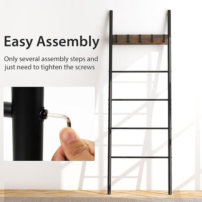 Tangkula Blanket Ladder, 5-Tier Ladder Shelf with 5 Removable Hooks, Wall-Leaning Decorative Blanket Holder with Metal Frame, Industrial Towel Display Rack for Living Room, Bathroom