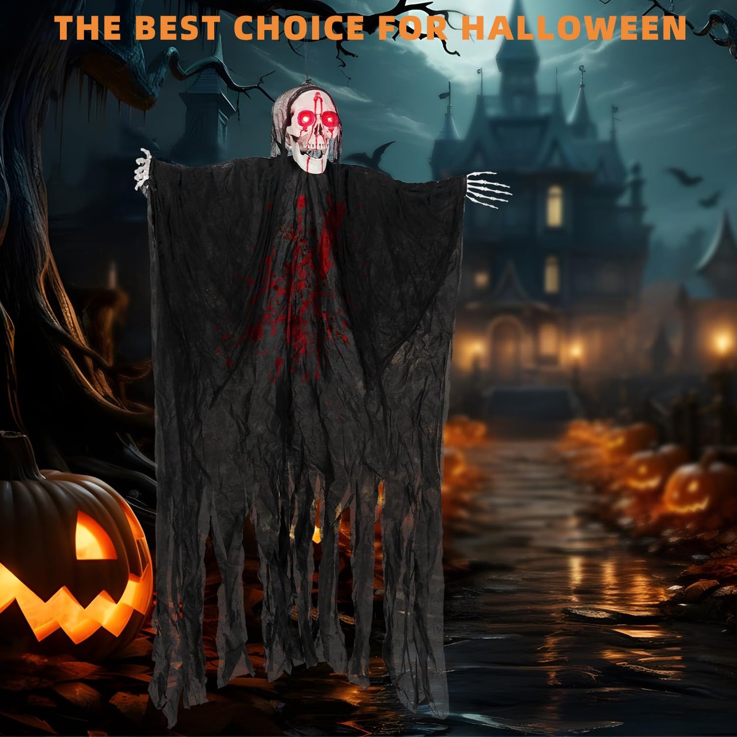Kendane Halloween Decorations Outdoor and Indoor,67" Scary Hanging Ghosts,Halloween Grim Reaper Skeleton with Light-Up Eyes and Creepy Sound,Party Decorations for Yard,Haunted House Decor
