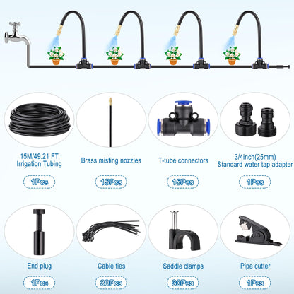 Mornajina Automatic Drip Irrigation Kits Garden Irrigation System, Includes 50FT 5/16 inch Irrigation Tubing Hose & 15Pcs 360° Bending Dropper Atomizing Mist Nozzles Tee for Garden Watering System