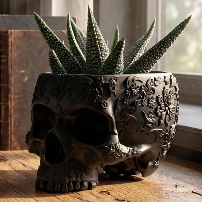 Black Skull Planter Pot 6 Inch Skeleton Head Pot for Succulents Flowers, & Bowl Dish Gothic Decor for Garden Home Parties Haunted House Spooky Black Display Halloween Skull Flower Pot Decoration Gift