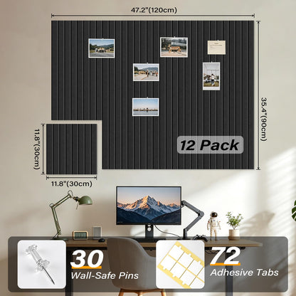 Large Felt Bulletin Board，47.2" x 35.4" 12 Pack Cork Board Alternative for Walls,Felt Wall Tiles for Office & Home Decor,Pin Board with 30 Pcs Pushpins and 72 Adhesive Tabs-Charcoal Gray