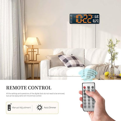 Abovsare Digital Wall Clock for Living Room Decor, Desk Alarm Clock for Bedroom, Large Wall Clock with Remote Control, Automatic Brightness Dimmer LED Clock with Date Temperature Week (Orange-B)