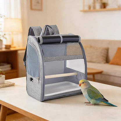 Bird Backpack Carrier, Gray Pet Travel Cage, Mesh Window, Large Space for Cockatiels and Pigeons, Portable with Removable Perch & Tray, 12.2 X 9.6 X 15 in