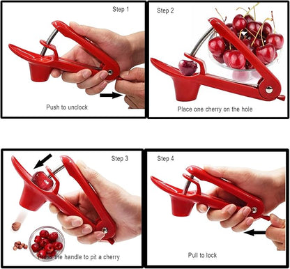 Cherry Pitter, Heavy-Duty Stainless Steel Olive and Cherry Pitters Corer Tool with Space-Saving Lock Design, Multi-Function Cherries Stoner Seed Remover Tool for Making Cherry Jam (Red)