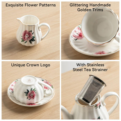 Sweejar Porcelain Tea Sets British Royal Series, 8 OZ Cups & Saucer Service for 6, with Teapot Sugar Bowl Cream Pitcher Teaspoons and Tea Strainer, Suitable for High Tea, Wedding, Party