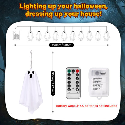 Halloween Ghost Decor, 10 Pcs Spooky Ghosts String Lights Battery Operated, 8 Lighting Mode, Light up Ghost Garland, for Mantle, Fireplace, Window, Porch, Party Indoor Outdoor Decor