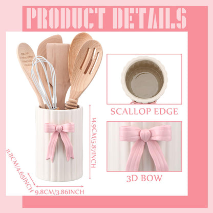 LemonRoad Pink Bow Ceramic Utensil Holder 3D Coquette Handmade Pink Kitchen Decor Gifts for Mom Cooking Utensil Crock with Scalloped Preppy Caddy Pen Holder Vase Back to School
