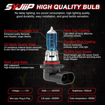 SYJIIP Halogen Headlight Bulbs 9005 High Beam H11 Low Beam 6000K White 4-Pack Compatible with Honda Accord 2013-2018 and Coupe 2008