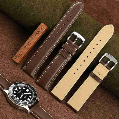 WOCCI 19mm Vintage Leather Watch Band for Men and Women, Silver Buckle (Dark Brown/Contrasting Stitch)